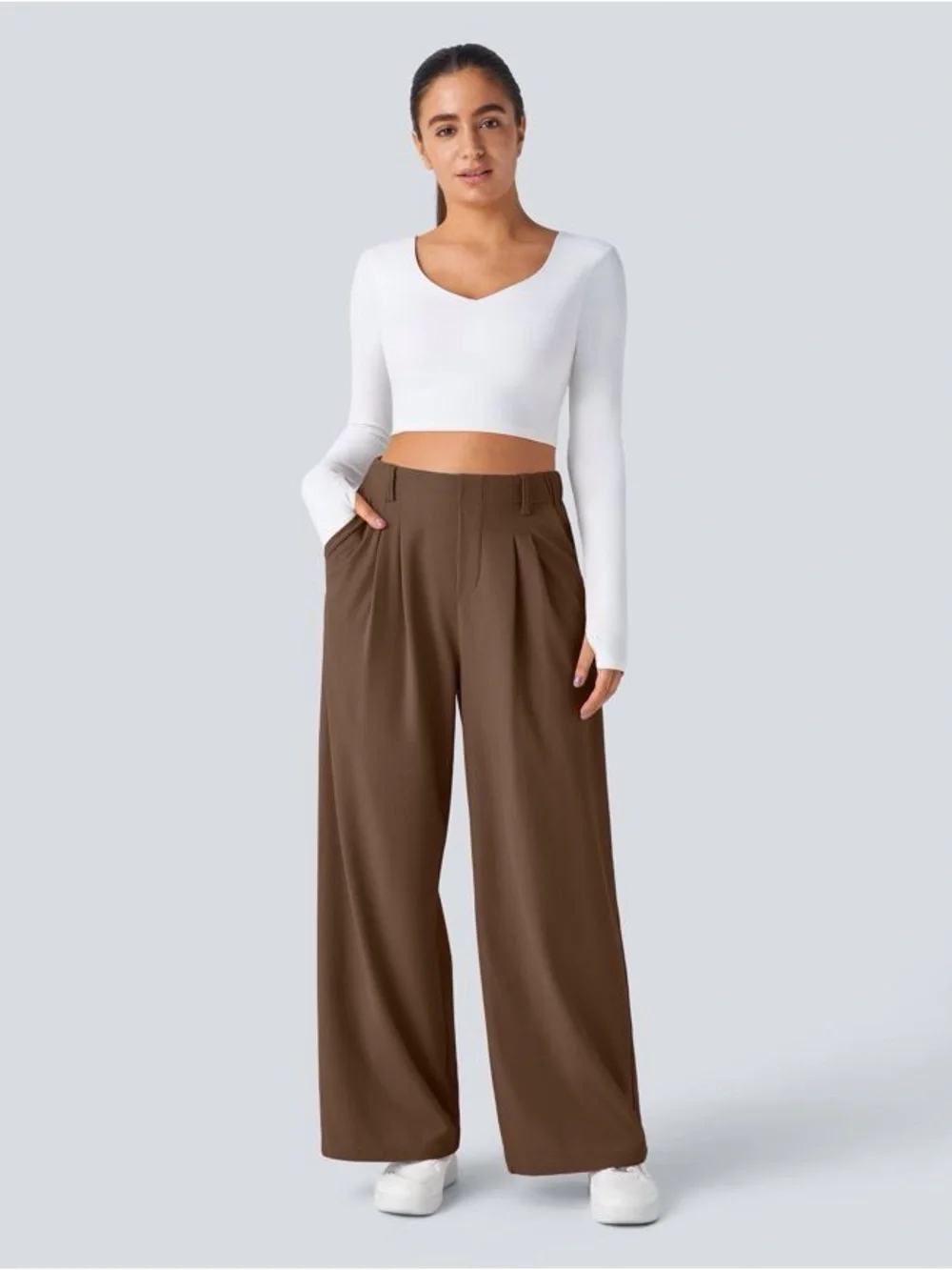 Halara Waffle High-Waisted Wide Leg Pants - Brown - Picture 2 of 5